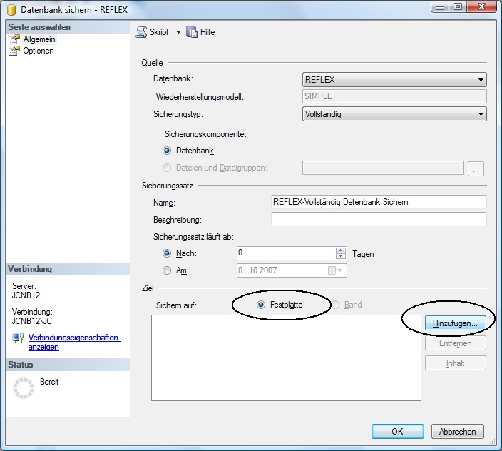 Sichern einer Datenbank mit MSSQL-Ziel