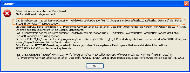 REFLEX Installation-Problem Restore Zugriff verweigert.png