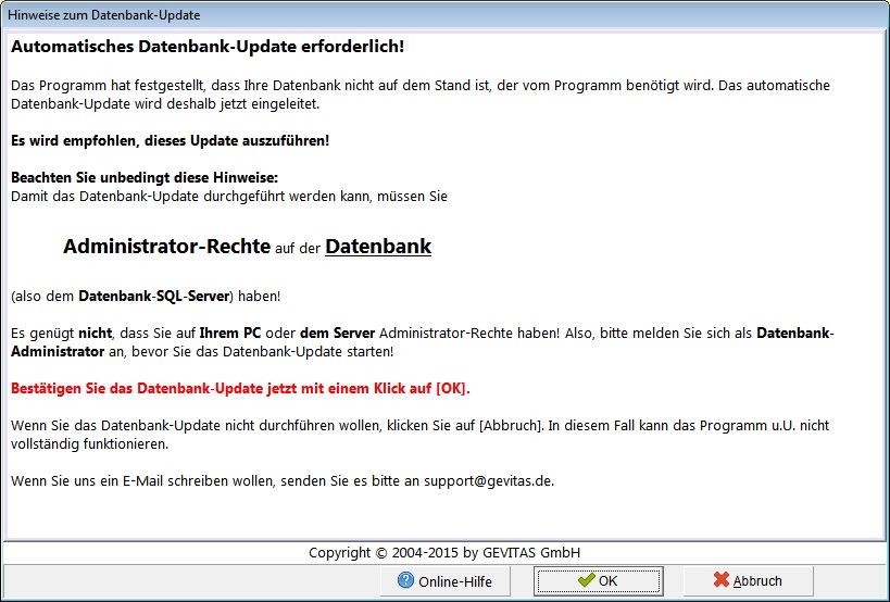 Hinweis auf ein Datenbank-Update beim Programmstart