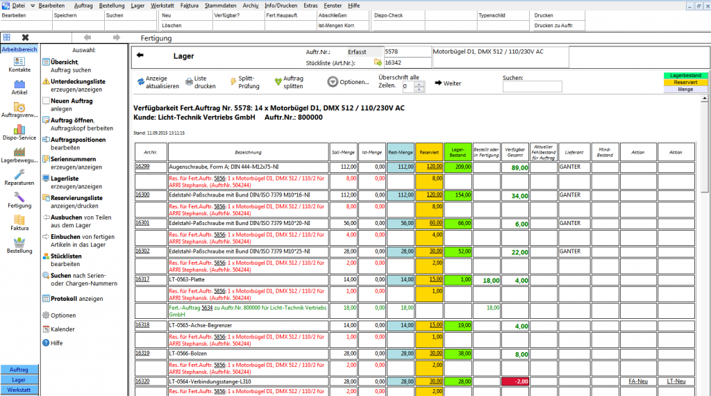 REFLEX Fertigungsauftrag Lagerlisten, SerienNummern, ChargenNummern